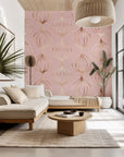 Geometric ogee wallpaper in shimmering rose gold and pink, easily applied peel-and-stick material