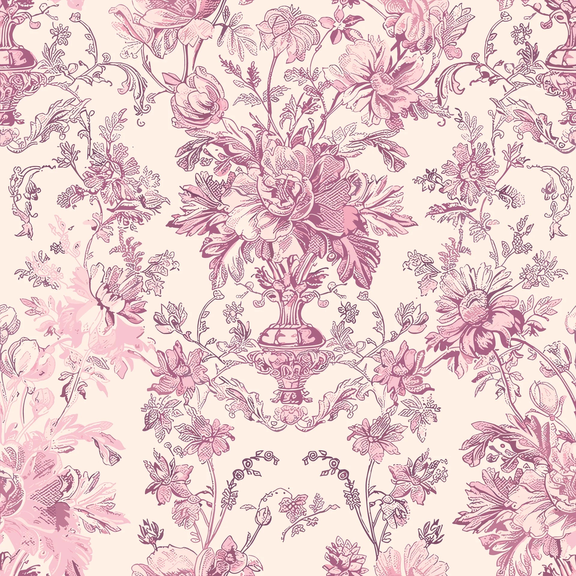 Smooth pink vintage floral peel and stick wallpaper with roses and urns - Rose Boudoir