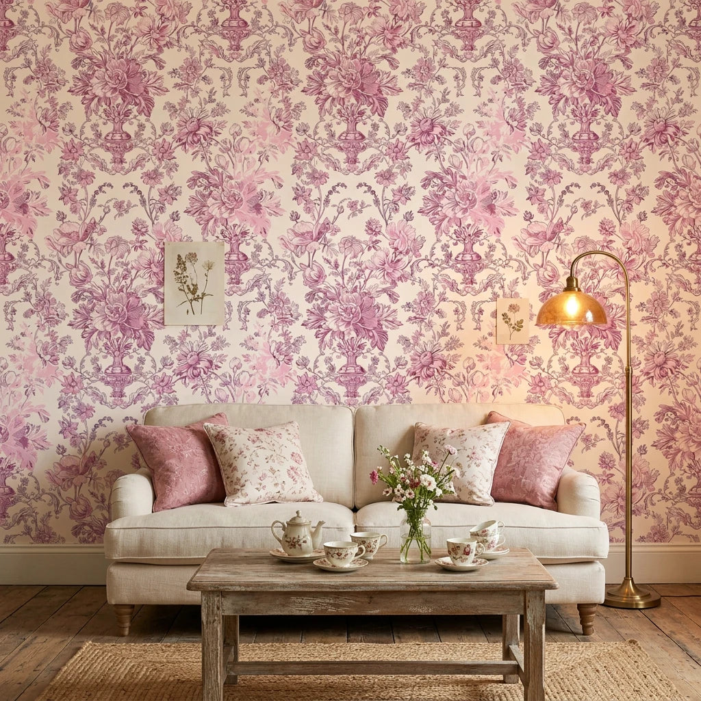 Rose Boudoir elegant pink vintage floral wallpaper in a warm and inviting living room
