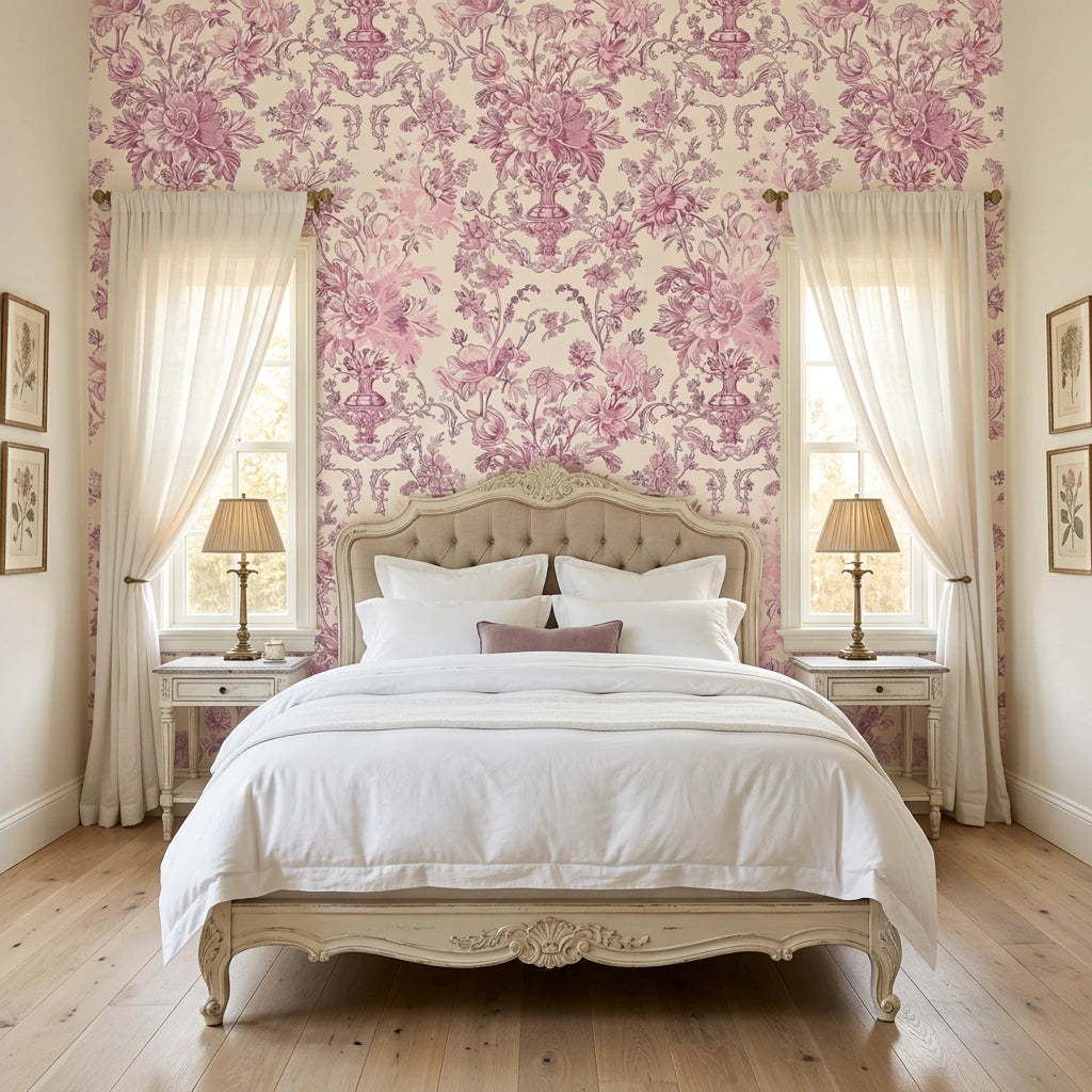 Rose Boudoir elegant pink vintage floral wallpaper adding character to a cozy bedroom