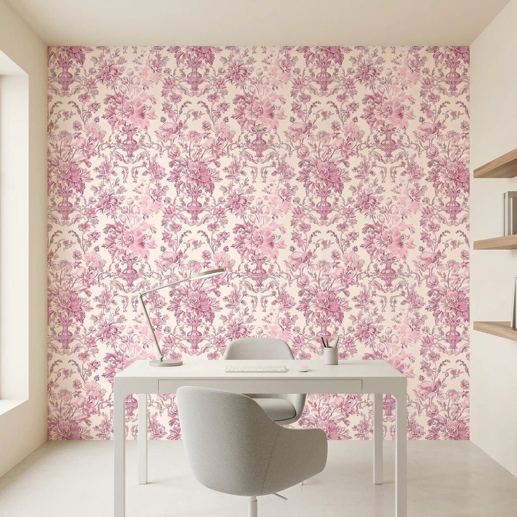 Rose Boudoir elegant pink vintage floral wallpaper as a feature wall in a bright home office