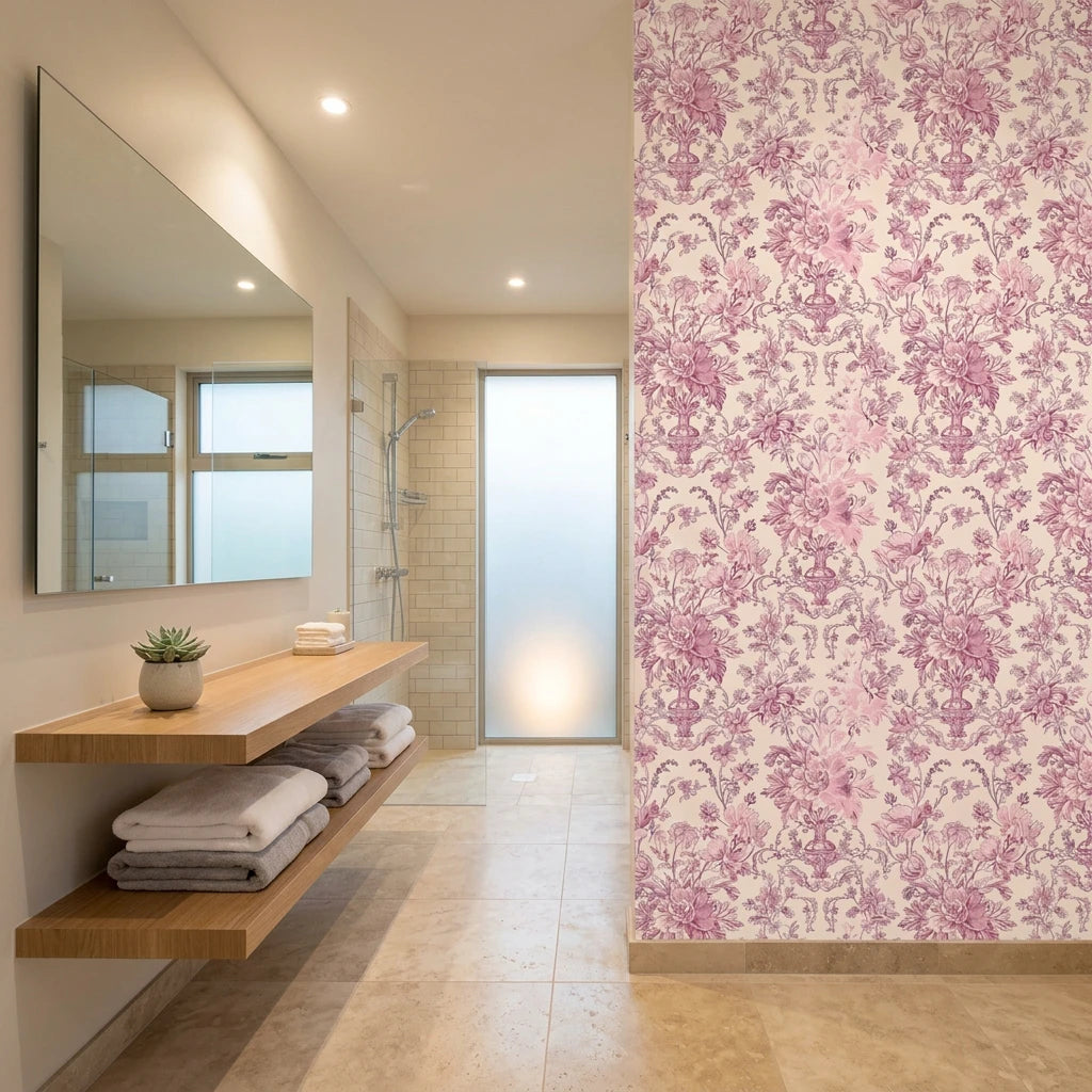 Rose Boudoir elegant pink vintage floral wallpaper creating ambiance in a serene bathroom