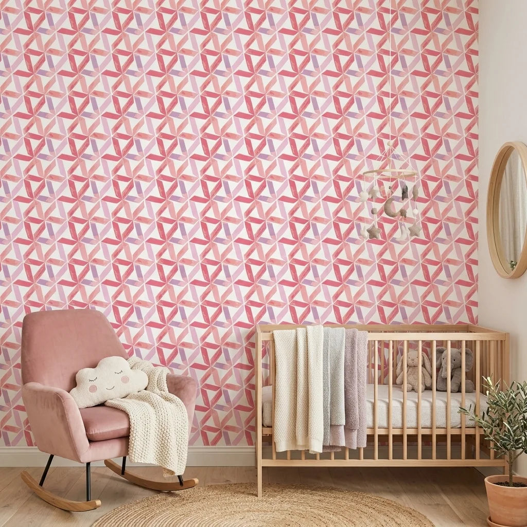 Rose Facet pink geometric peel and stick wallpaper bringing warmth to a peaceful nursery