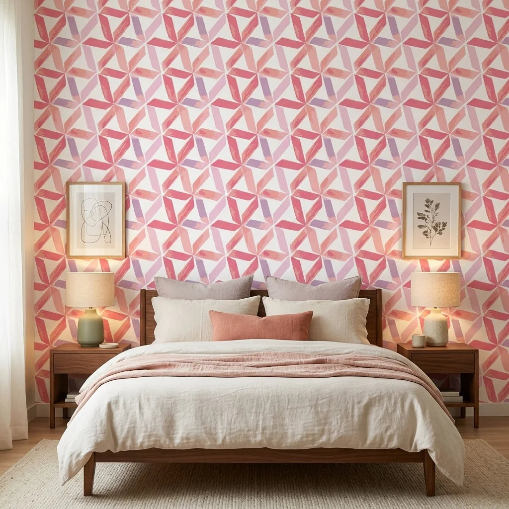 Rose Facet pink geometric peel and stick wallpaper adding character to a cozy bedroom