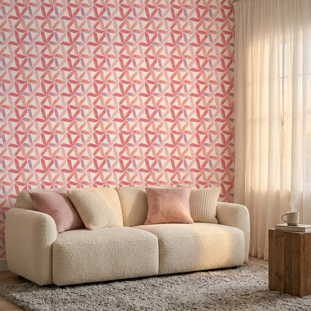 Rose Facet pink geometric peel and stick wallpaper in a warm and inviting living room
