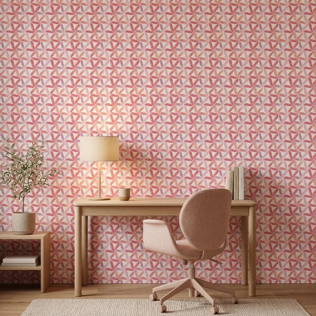 Rose Facet pink geometric peel and stick wallpaper as a feature wall in a bright home office