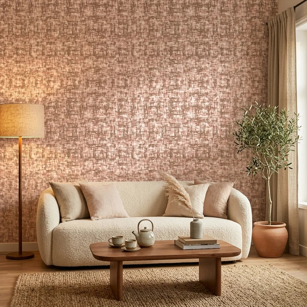 Rose Fog neutral abstract wallpaper in a warm and inviting living room