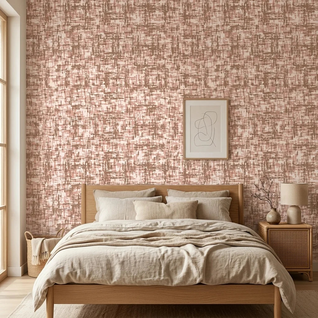 Rose Fog neutral abstract wallpaper adding character to a cozy bedroom