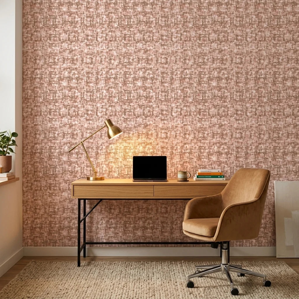 Rose Fog neutral abstract wallpaper as a feature wall in a bright home office