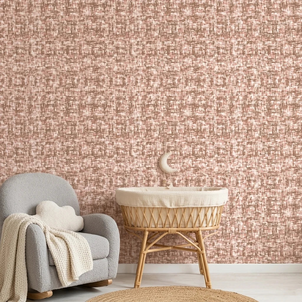 Rose Fog neutral abstract wallpaper creating ambiance in a serene bathroom