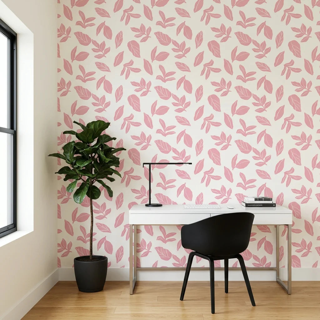 Rose Foliage soft pink leaf as a feature wall in a bright home office