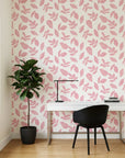 Rose Foliage soft pink leaf as a feature wall in a bright home office