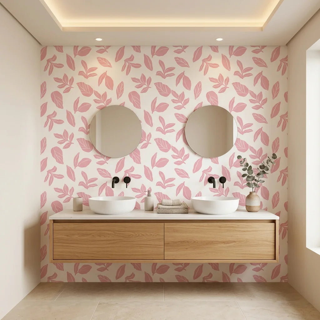 Rose Foliage soft pink leaf creating ambiance in a serene bathroom