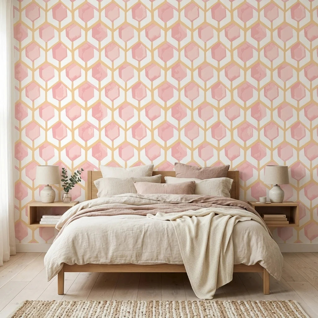 Rose Honeycomb blush geometric peel and stick wallpaper in a warm and inviting living room
