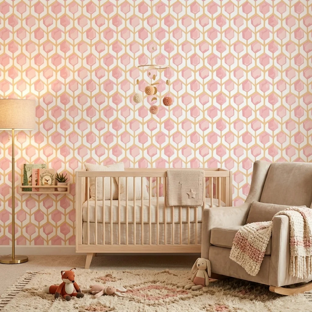 Rose Honeycomb blush geometric peel and stick wallpaper adding character to a cozy bedroom