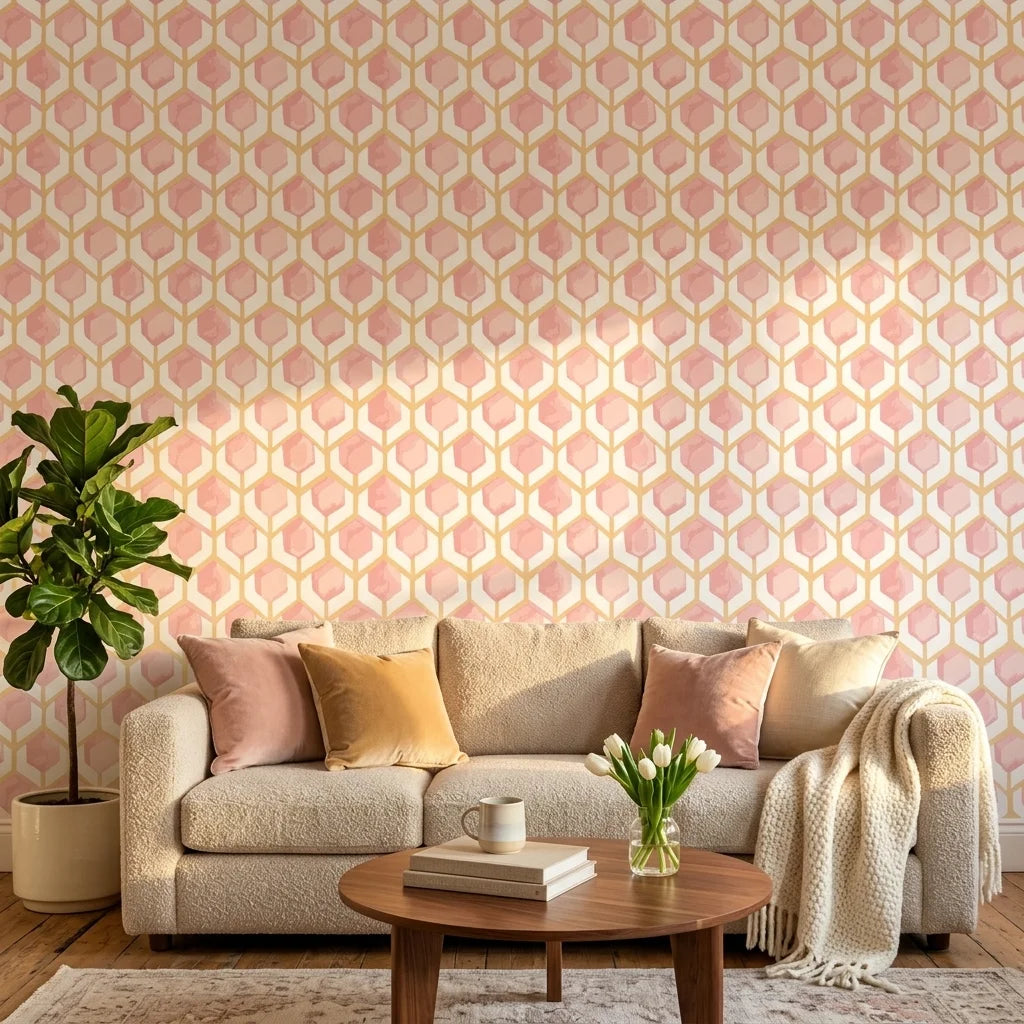 Rose Honeycomb blush geometric peel and stick wallpaper as a feature wall in a bright home office