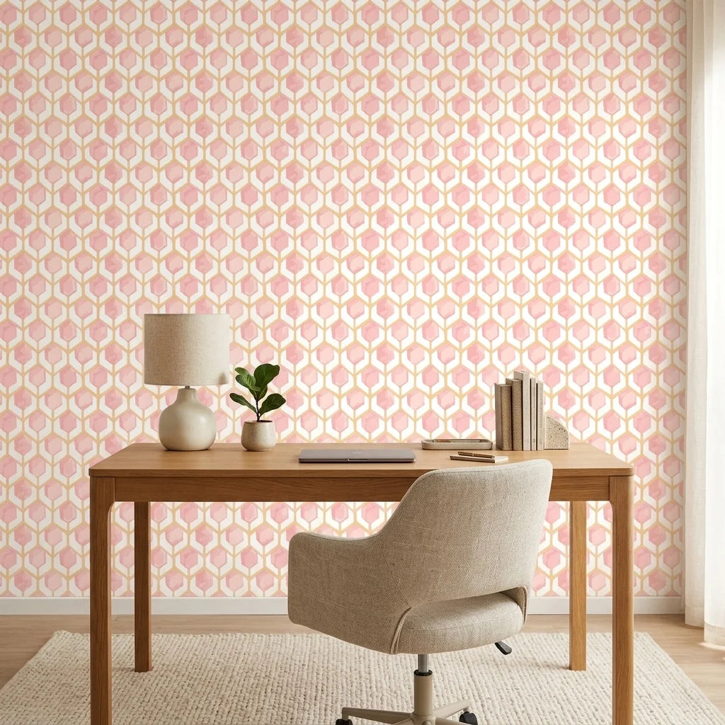Rose Honeycomb blush geometric peel and stick wallpaper creating ambiance in a serene bathroom
