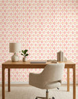 Rose Honeycomb blush geometric peel and stick wallpaper creating ambiance in a serene bathroom