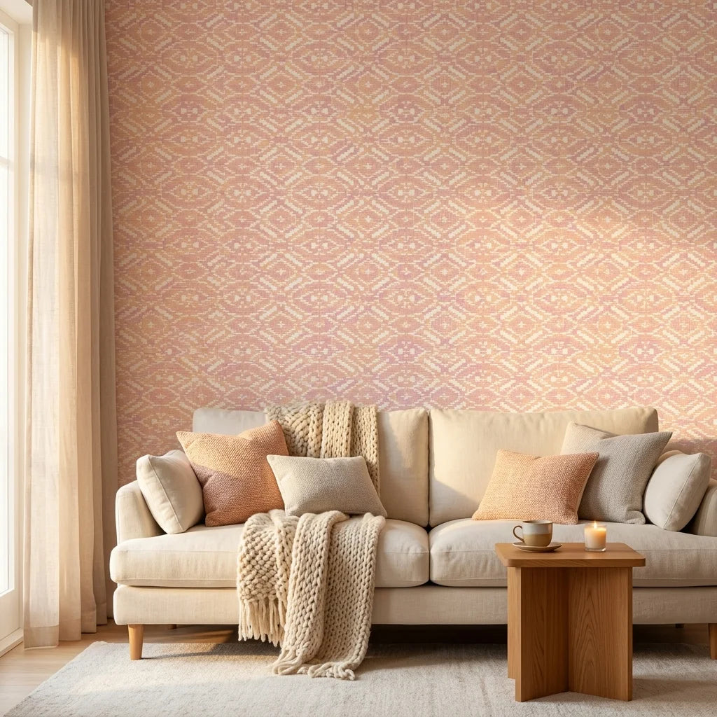 Rose Linen pink and peach geometric wallpaper in a warm and inviting living room