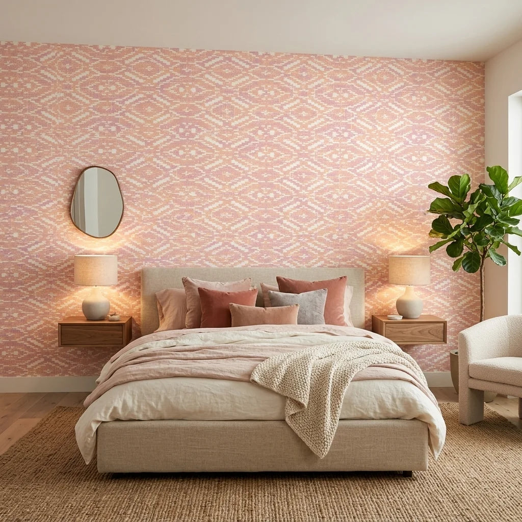 Rose Linen pink and peach geometric wallpaper adding character to a cozy bedroom
