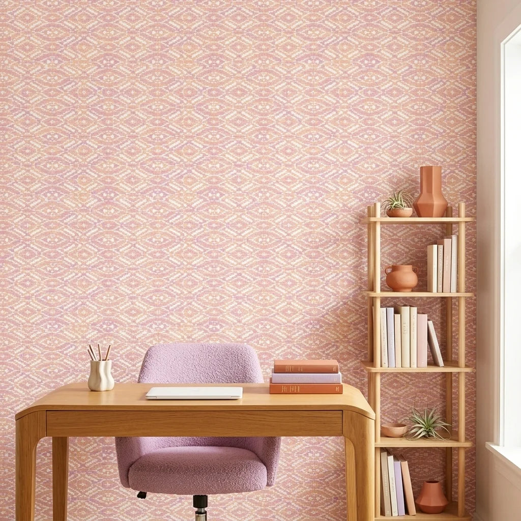 Rose Linen pink and peach geometric wallpaper as a feature wall in a bright home office