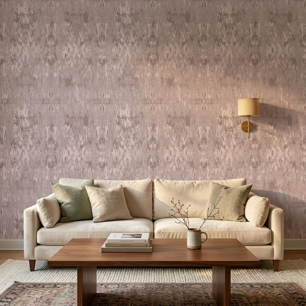 Rose Resist textured mauve abstract wallpaper in a warm and inviting living room