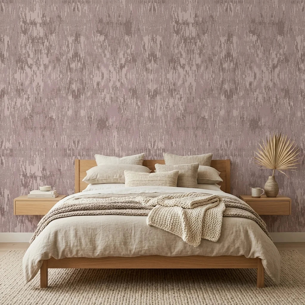 Rose Resist textured mauve abstract wallpaper adding character to a cozy bedroom