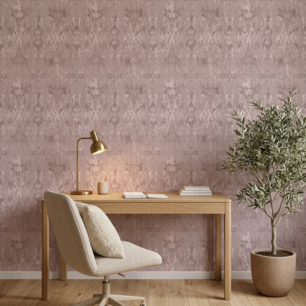 Rose Resist textured mauve abstract wallpaper as a feature wall in a bright home office