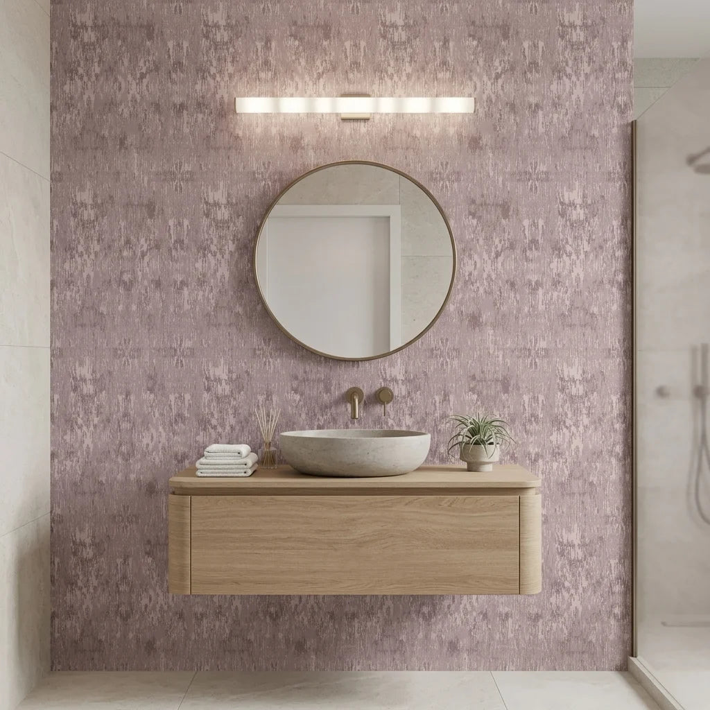Rose Resist textured mauve abstract wallpaper creating ambiance in a serene bathroom