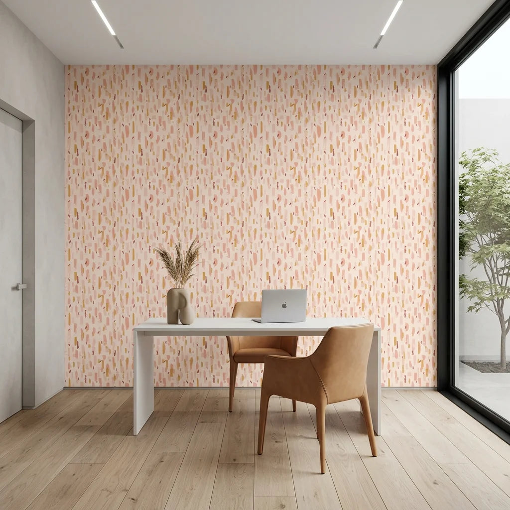 Rose Terrazzo blush abstract brushstroke as a feature wall in a bright home office