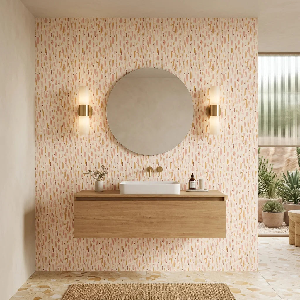 Rose Terrazzo blush abstract brushstroke creating ambiance in a serene bathroom