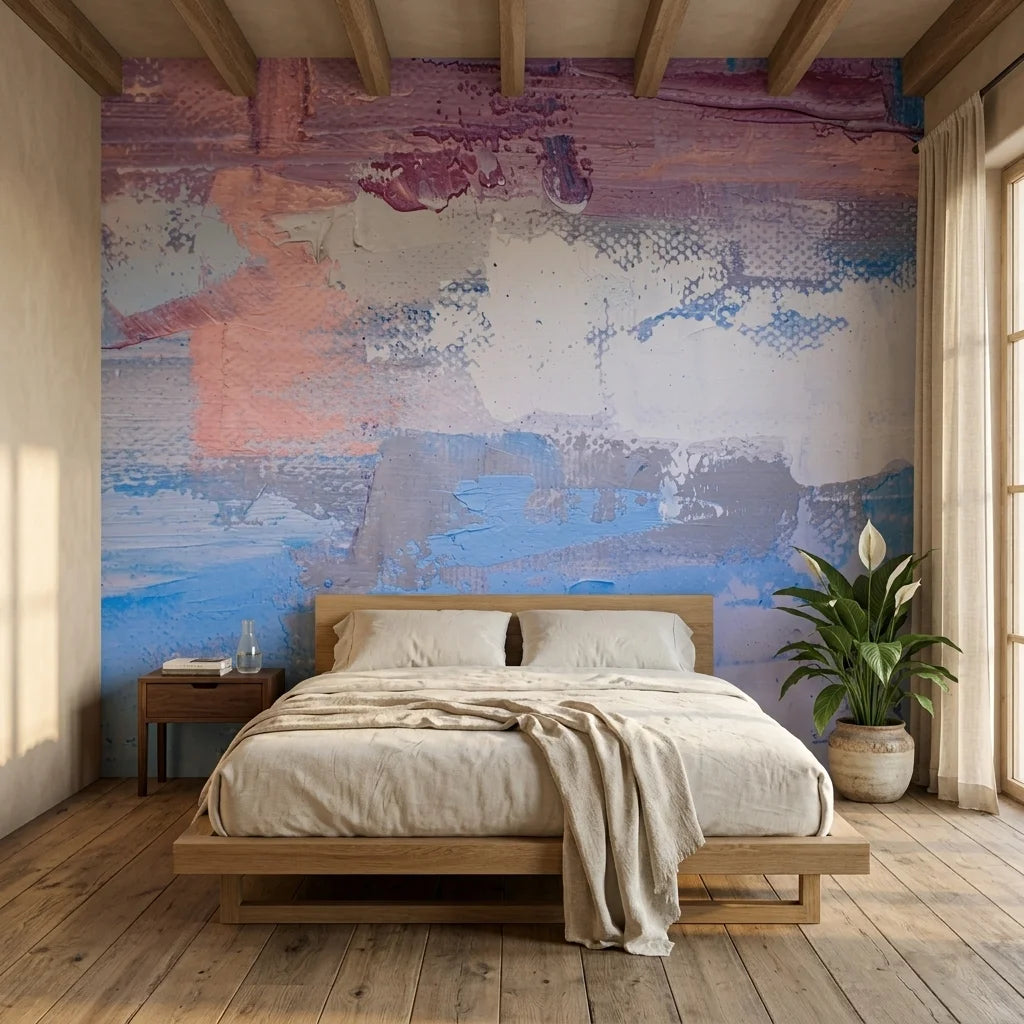 Rose & Blue soft pink and blue painterly abstract wallpaper in a warm and inviting living room