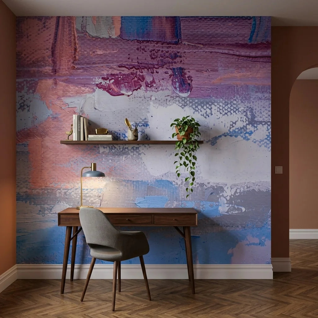 Rose & Blue soft pink and blue painterly abstract wallpaper adding character to a cozy bedroom
