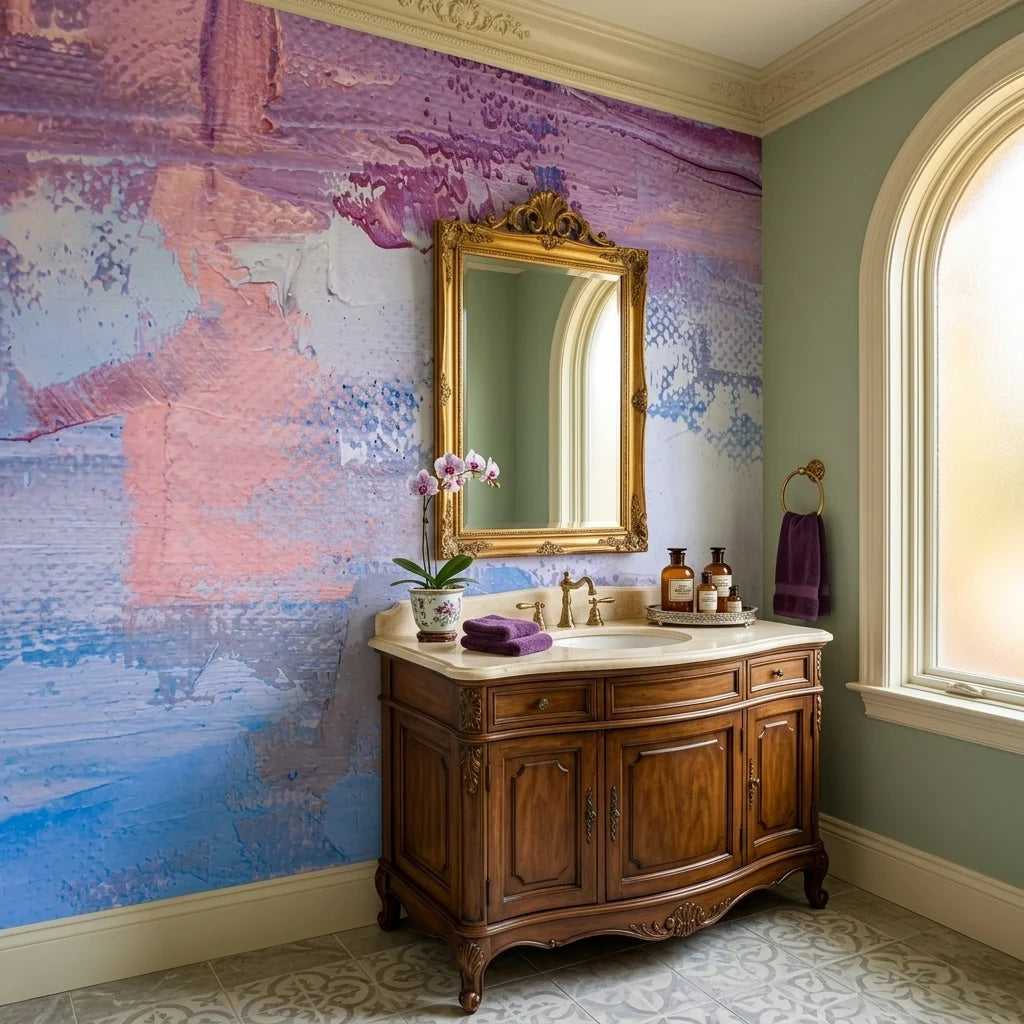 Rose & Blue soft pink and blue painterly abstract wallpaper as a feature wall in a bright home office