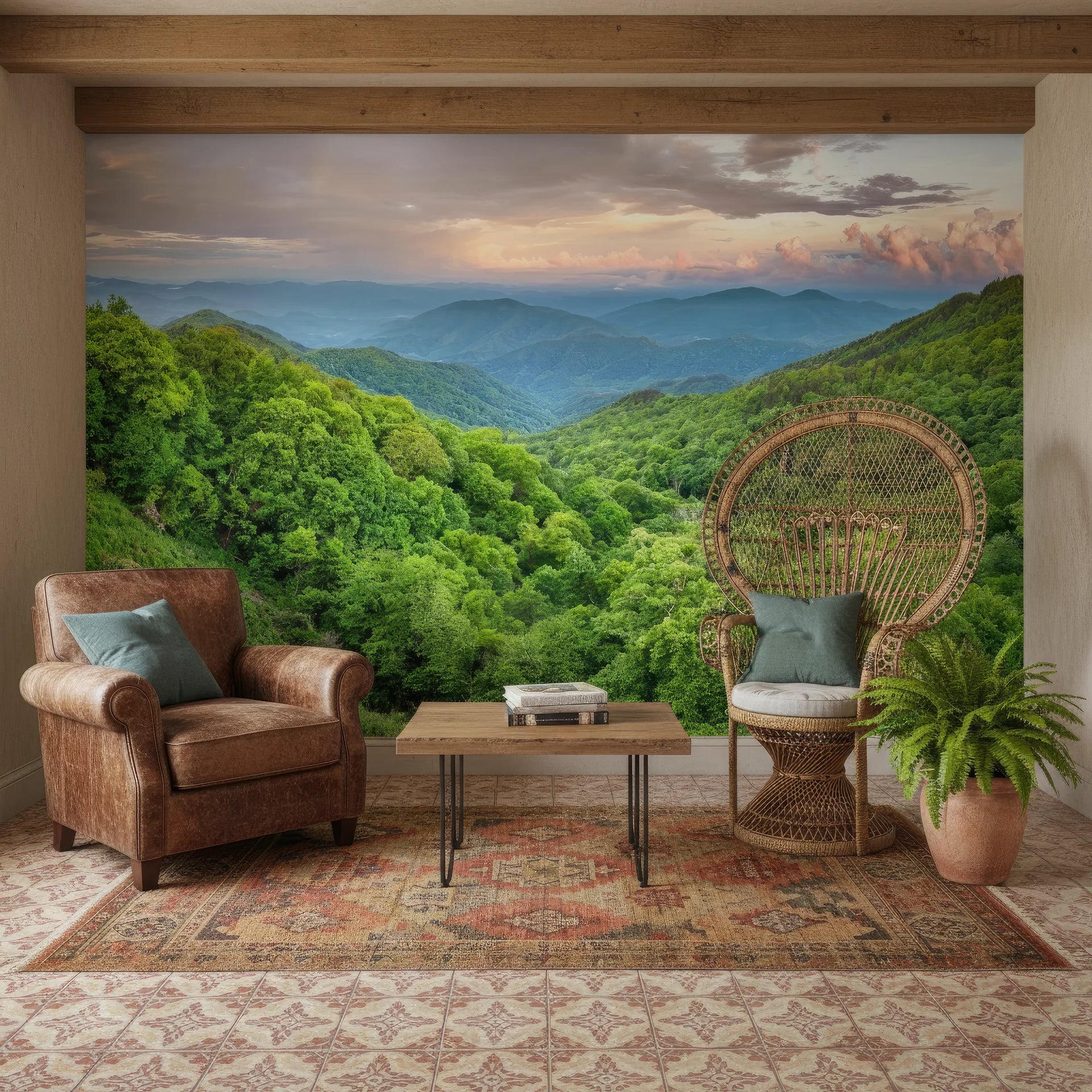 Rose and green palette in botanical landscape peel and stick wallpaper