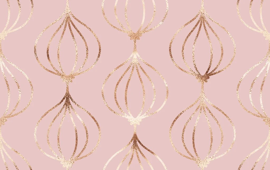 Rose gold and blush pink geometric wallpaper featuring an ogee pattern, made of metallic peel and stick material - Rose Bloom