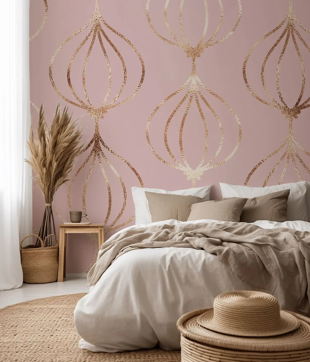 Rose gold metallic, pink, and geometric ogee patterned peel-and-stick wallpaper, named Rose Bloom