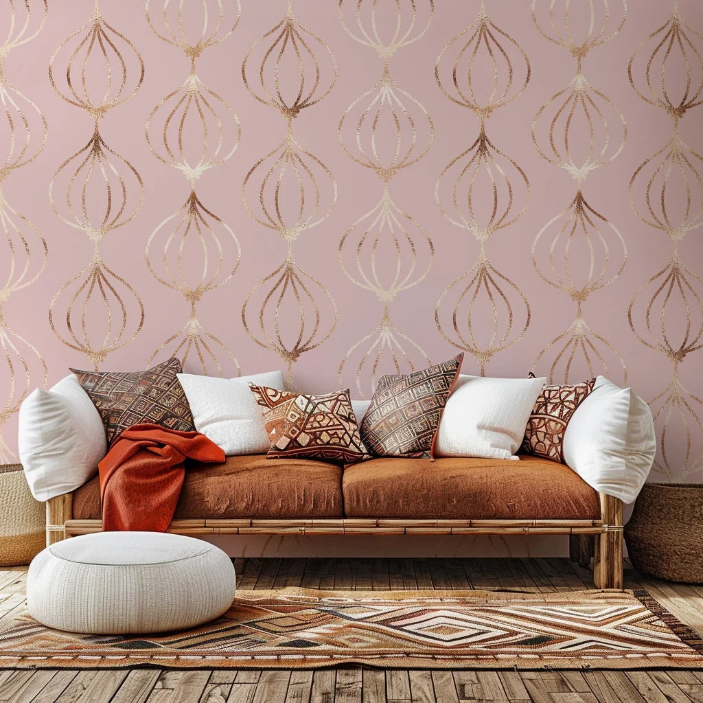 A peel and stick wallpaper featuring a geometric ogee pattern in shimmering rose gold and rosy pink tones
