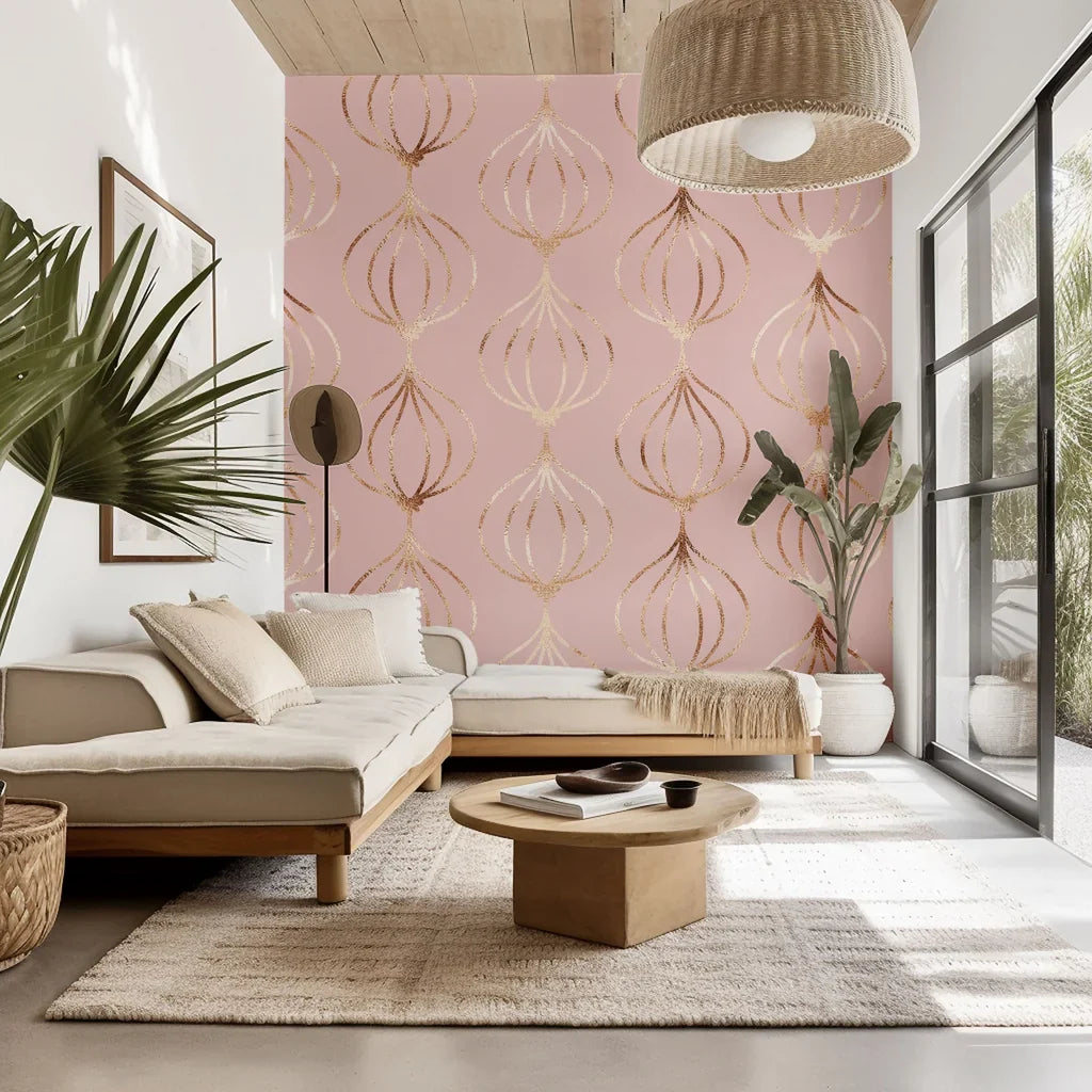 Geometric ogee wallpaper in shimmering rose gold and pink, easily applied peel-and-stick material