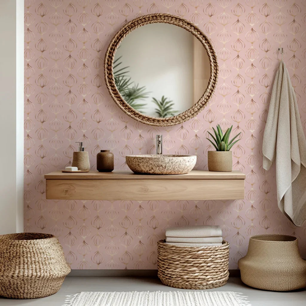 Geometric ogee print, shimmering in metallic rose gold and pink, applied as peel and stick wallpaper (Rose Bloom)
