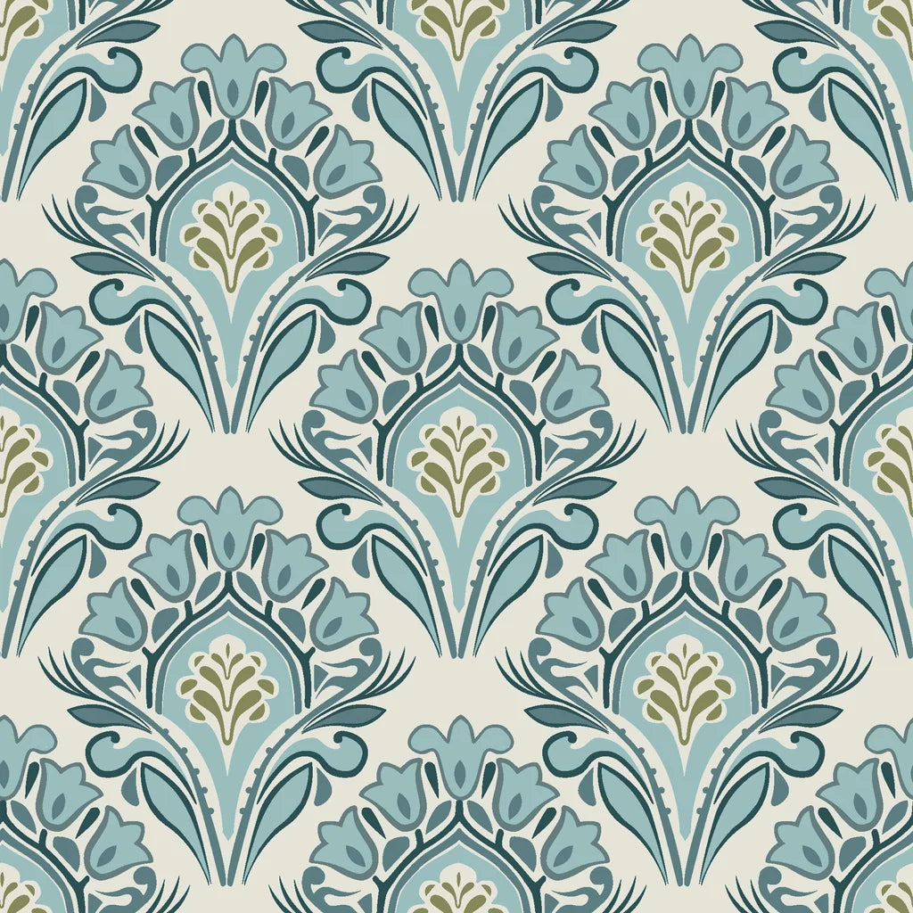 Art nouveau damask wallpaper in sage green and teal with tulip motifs on cream background