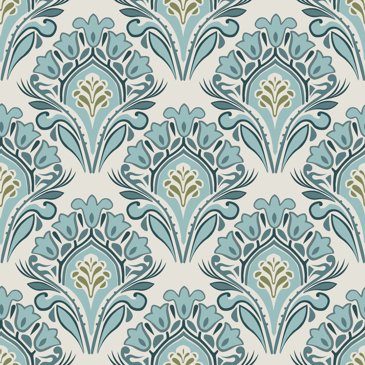 Art nouveau damask wallpaper in sage green and teal with tulip motifs on cream background