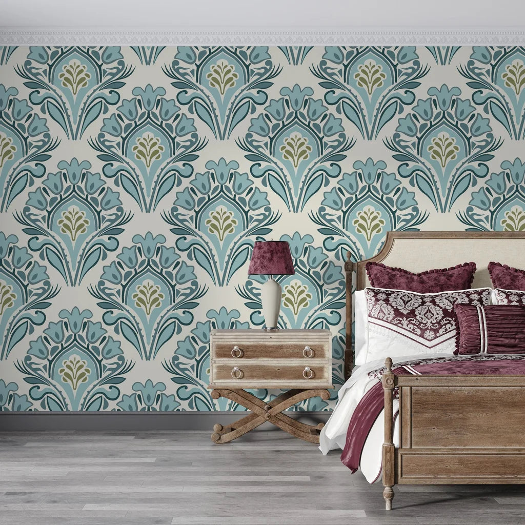 Teal and sage Art Nouveau damask Rose Cloud Cadenza removable wallpaper in bedroom setting