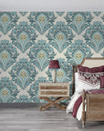 Teal and sage Art Nouveau damask Rose Cloud Cadenza removable wallpaper in bedroom setting