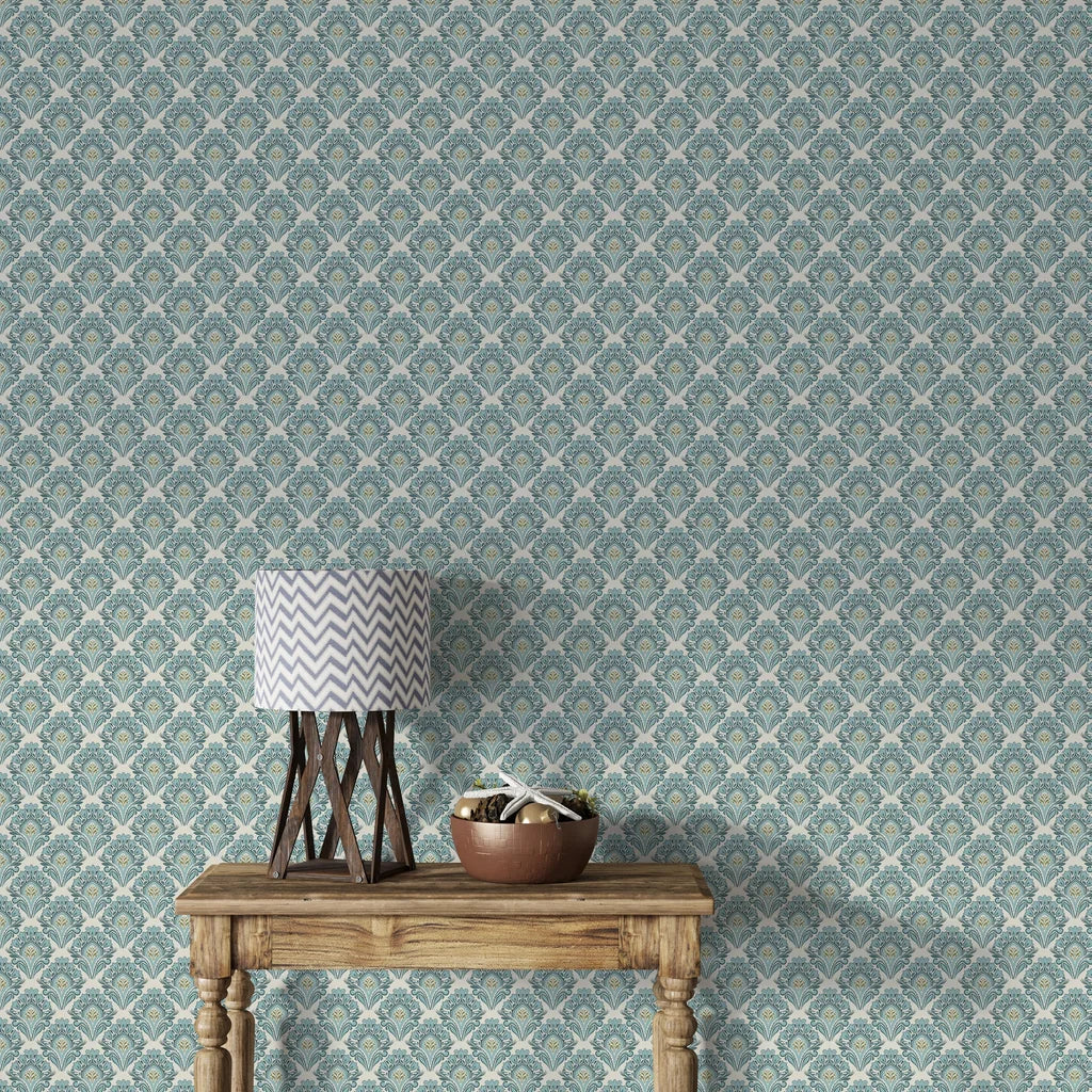 Teal and cream Art Deco fan pattern Rose Cloud Cadenza peel and stick wallpaper in styled living room
