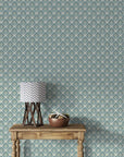 Teal and cream Art Deco fan pattern Rose Cloud Cadenza peel and stick wallpaper in styled living room