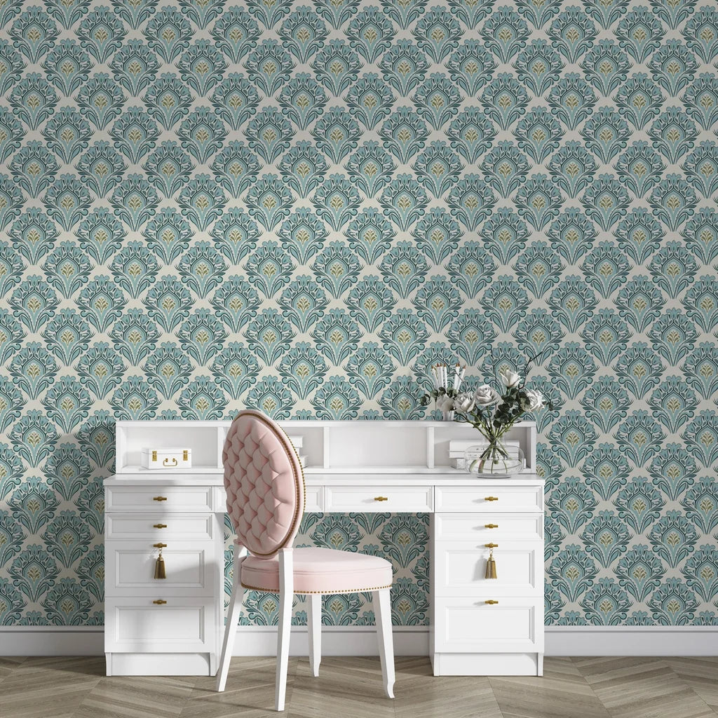 Rose Cloud Cadenza damask wallpaper in teal and gold with vintage vanity styling
