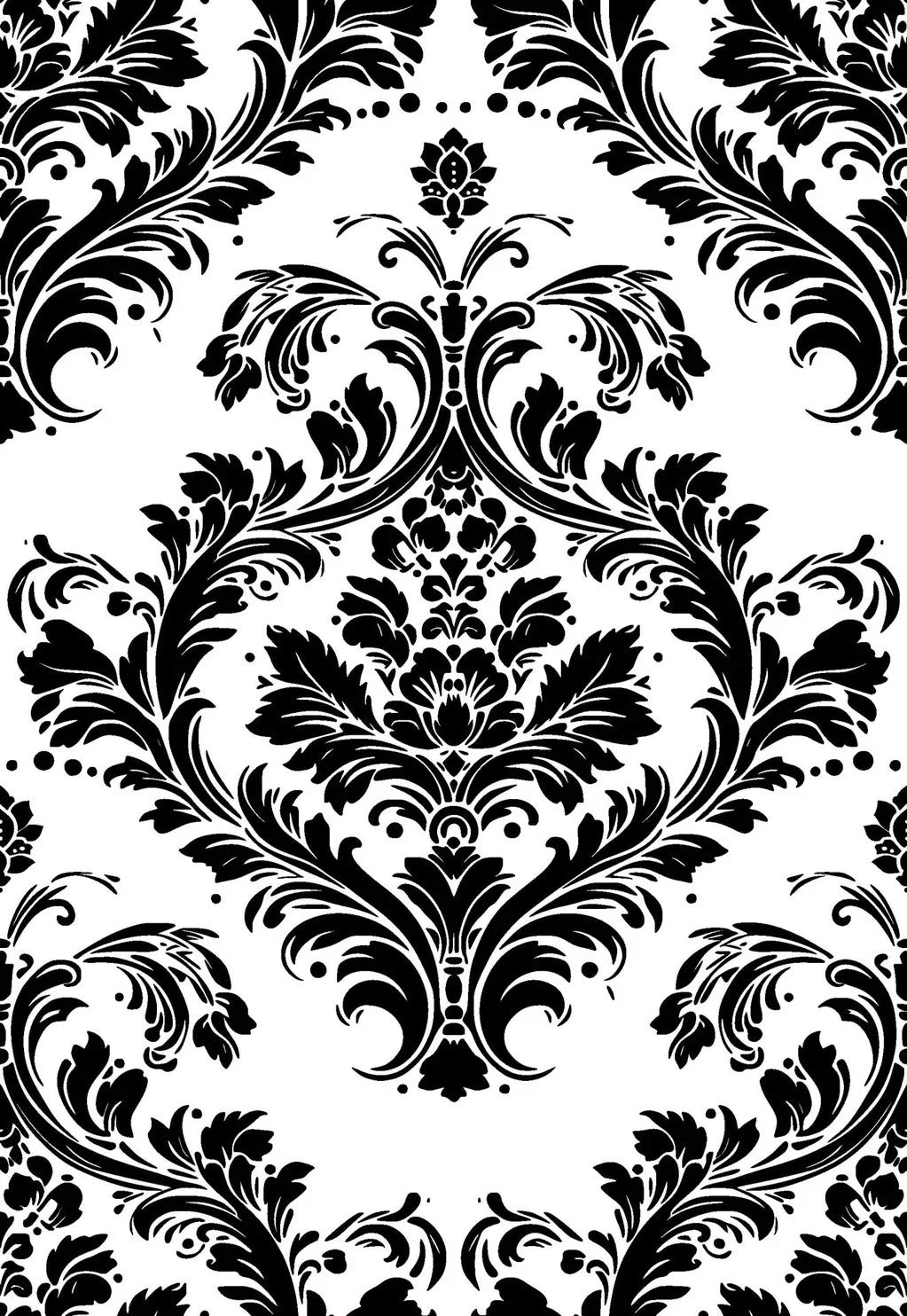 Classic Rosette Haven damask wallpaper with bold black scrollwork on white background