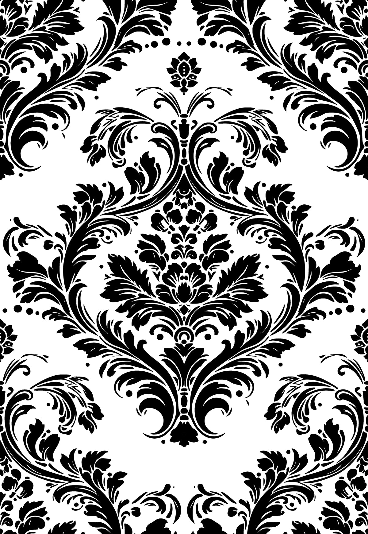 Classic Rosette Haven damask wallpaper with bold black scrollwork on white background