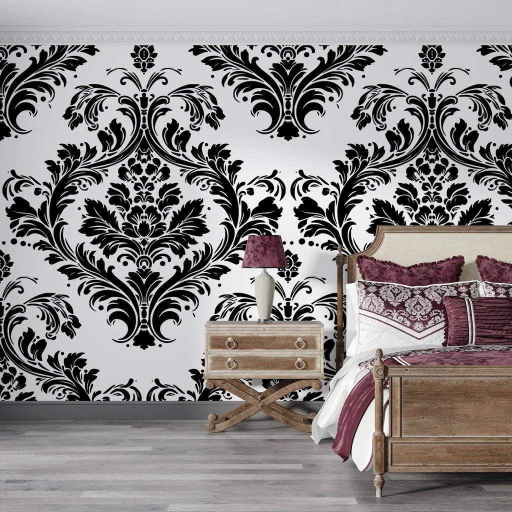 Black and white baroque damask Rosette Haven peel and stick wallpaper in elegant bedroom setting